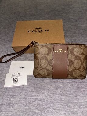 Coach Brown Signature Canvas Wristlet with Leather Trim